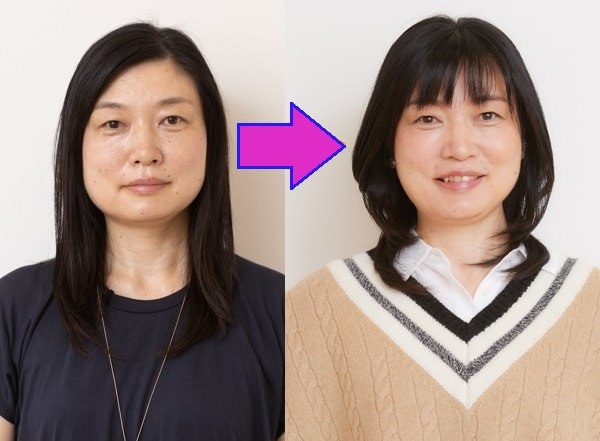 50代女性・ウルフカット（イメチェンビフォーアフター）：フロント（正面から）