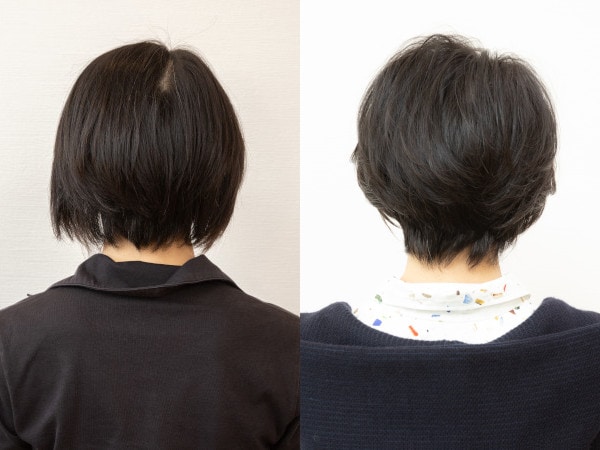 【バック】Before：襟足が広がって、ペタンとした印象→After：襟足が締まり、後頭部がボリュームアップ