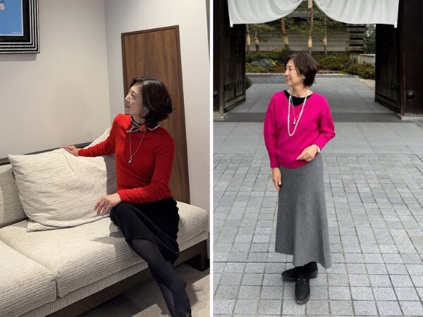 黒ワンピ×カラーニットで大胆イメチェン