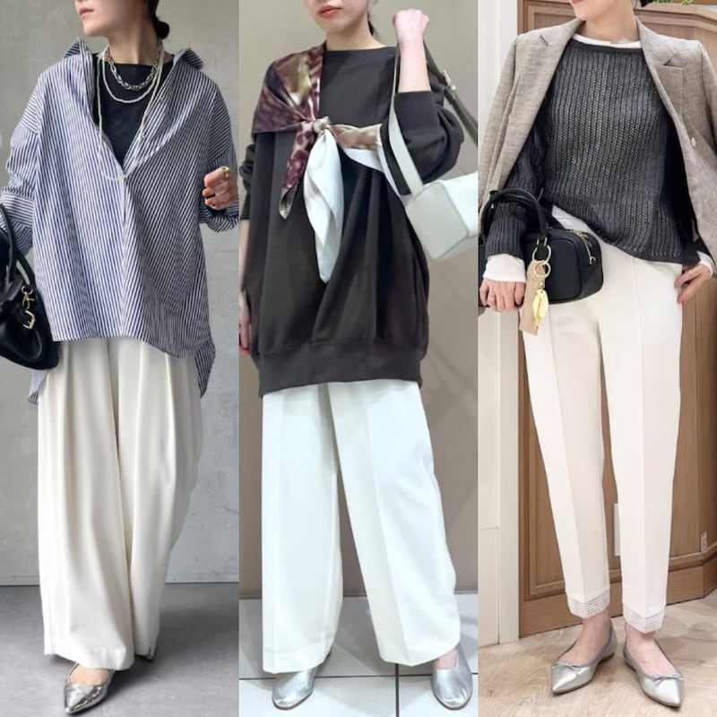 【50代ファッション】白パンツでも、着太りしない！ 春らしさ満開のおしゃれコーデ