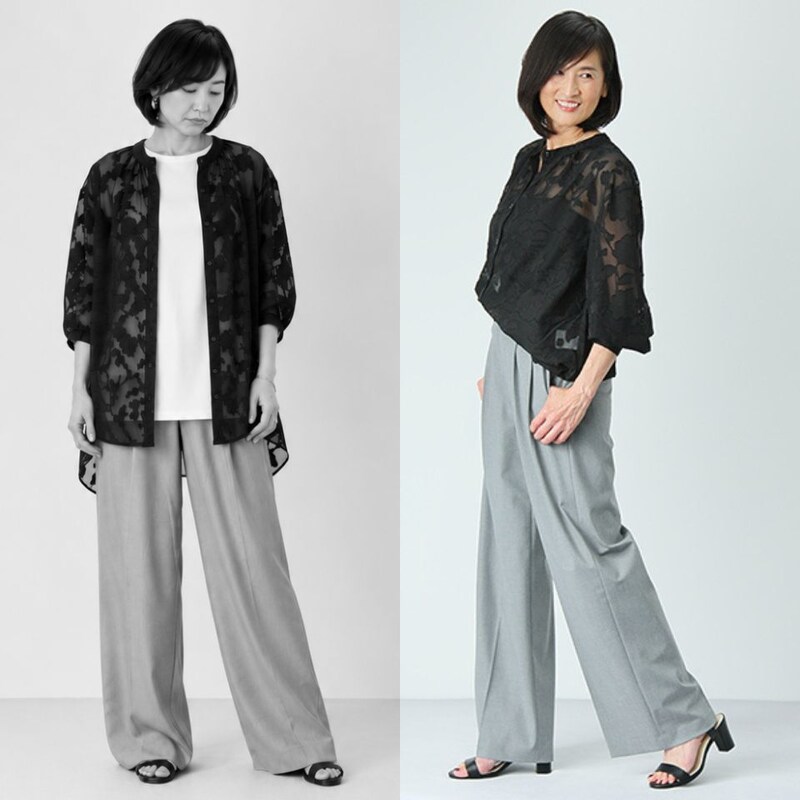 あなたはどっち派？50代「黒シアー×ユニクロワイドパンツ」夏のモノトーンコーデ