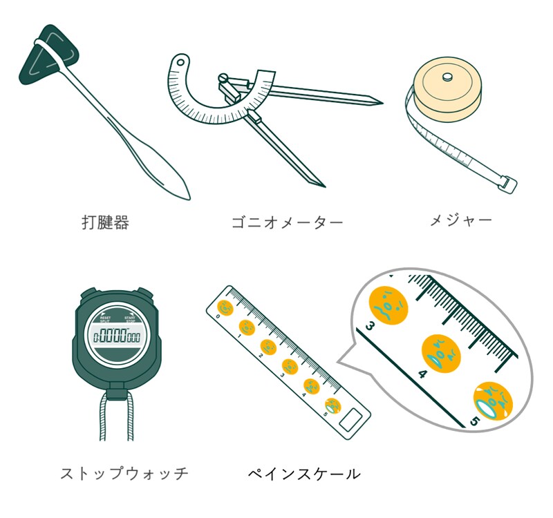 打腱器、ゴニオメーター、メジャー、ストップウォッチ、ペインスケール