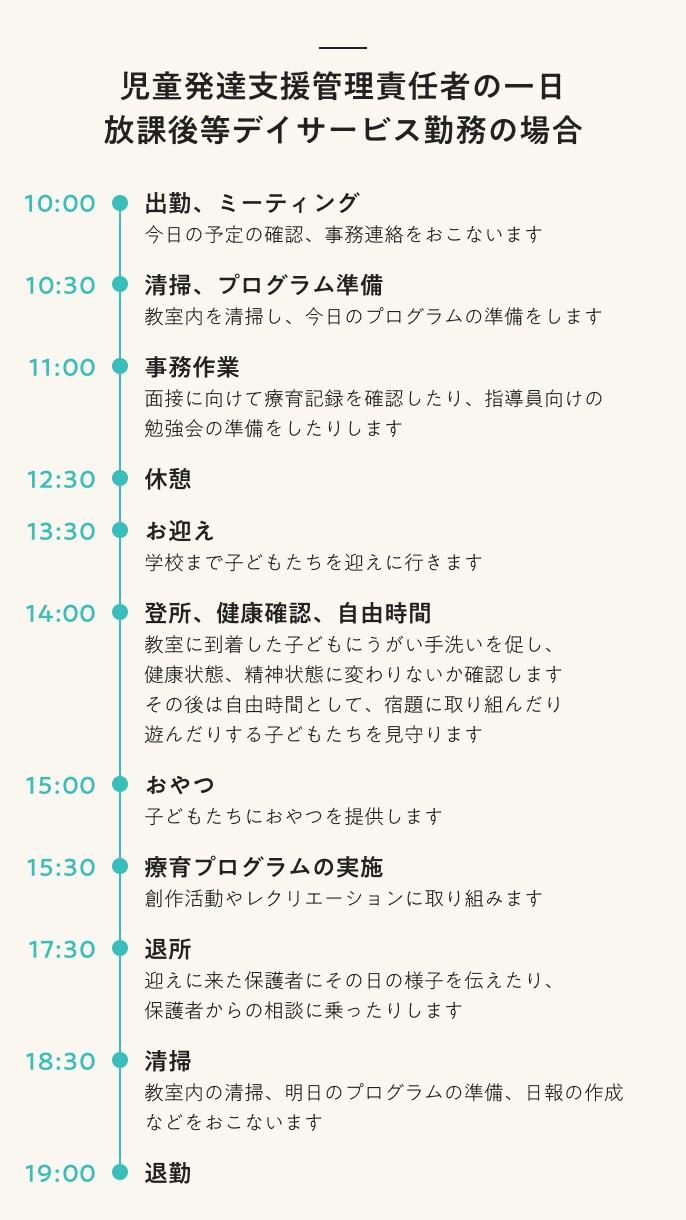 児童発達支援管理責任者の一日　放課後等デイサービス勤務の場合