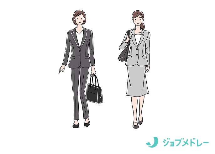 女性のスーツの面接時にふさわしい服装・髪型・メイク・身だしなみの実例イラスト