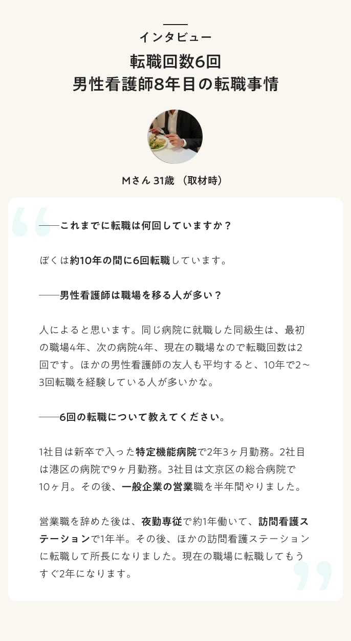転職回数6回
男性看護師8年目の転職事情
