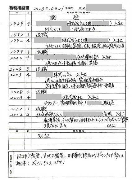 薬剤師Iさんの履歴書（職務経歴）実例