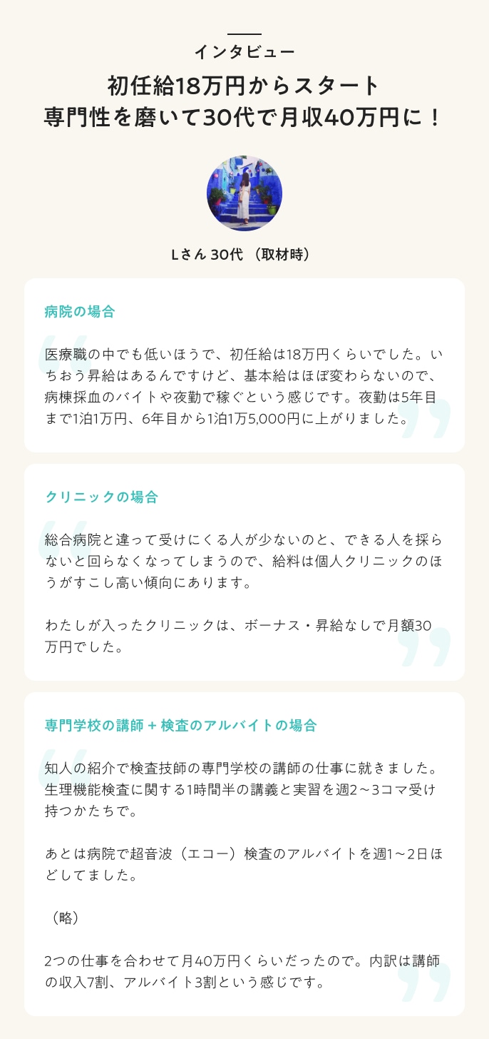 臨床検査技師インタビュー　初任給18万円からスタート　専門性を磨いて30代で月収40万円に！