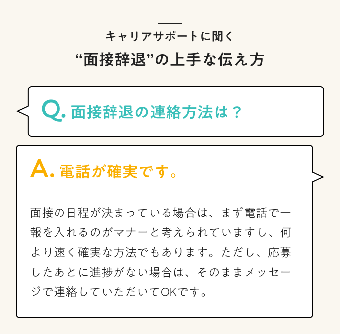 Q. 面接辞退の連絡方法は？　A. 電話が確実です。
