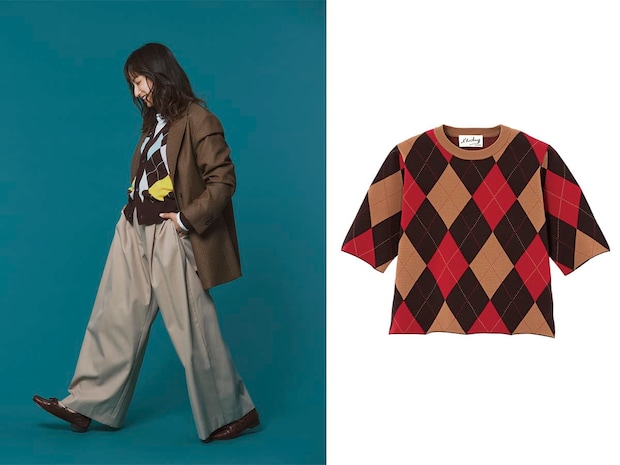 無地ニットを大柄×明るめカラーの【アーガイルニット】に差し替えるだけで、一気に洒落る♡