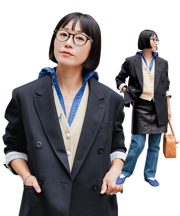 テーラードジャケットをナイロン素材でハズすこなれテク満載スタイル【遠山涼子さんの私服スナップ】