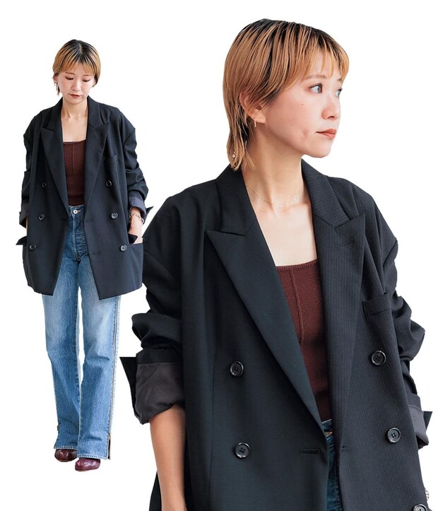 おしゃれな大人の2枚のジャケットをつなぎ合わせたようなジャケット【萩原美緒さんの私服スナップ】