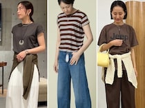 大人のTシャツコーデは「ブラウンカラー」「腰巻き」投入が旬見えのカギ【40代スナップ7選】