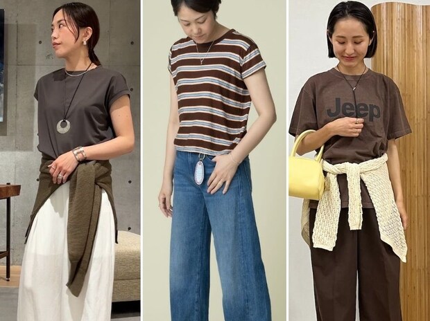 大人のTシャツコーデは「ブラウンカラー」「腰巻き」投入が旬見えのカギ【40代スナップ7選】