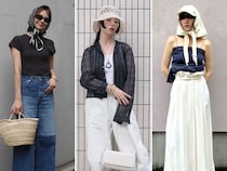 「スカーフ」に「シアーハット」。おしゃれに夏の日差し対策する人が続出！【40代スナップ7選】