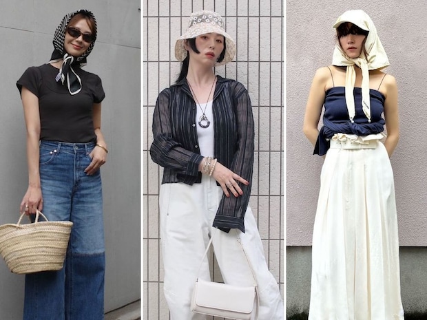 「スカーフ」に「シアーハット」。おしゃれに夏の日差し対策する人が続出!【40代スナップ7選】