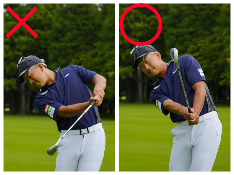 「グリップエンド」をへそにつけて振るだけでアプローチが上達する！