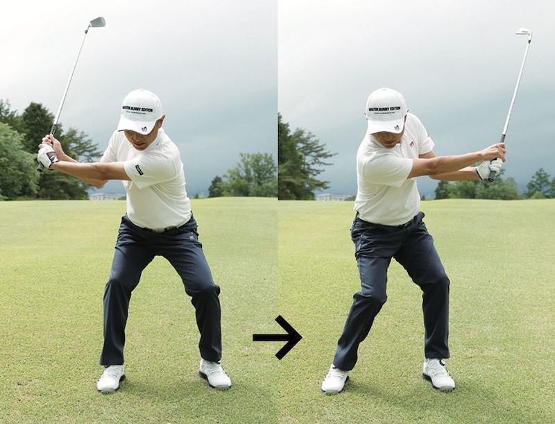構え方を変えると引っかけない！ツマ先下がりからうまく打つコツは…
