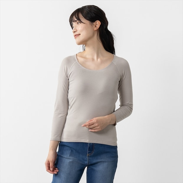 H 保湿Uネック発熱綿混あたたかインナー8分袖