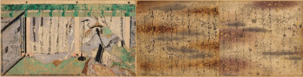 国宝 源氏物語絵巻　横笛　徳川美術館蔵　右が詞書、左が絵。詞書の黒い部分は経年劣化で黒変した銀の装飾。　