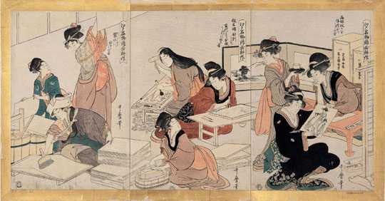 歌麿筆「江戸名物錦画耕作」より『画師・板木師・礬水引』、木版画