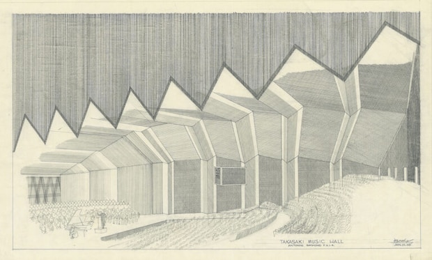 アントニン・レーモンド「群馬音楽センター内観透視図」