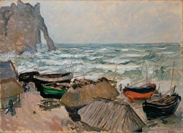 クロード・モネ《エトルタの浜辺の漁船》1883/84年 油彩、カンヴァス　ヴァルラフ＝リヒャルツ美術館・コルブー財団蔵