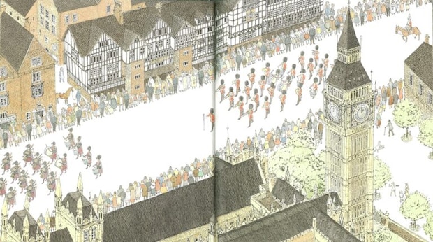 安野光雅 作『旅の絵本Ⅲ（イギリス編）』福音館書店、1981年、p.26, 27