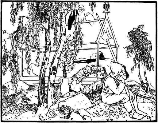 オットー・ウベローデ『グリム童話集』（1906年および1908年）。白雪姫がガラスの棺で眠っているシーン。手前に腰かけているのは、交代で見張り番をしている小人