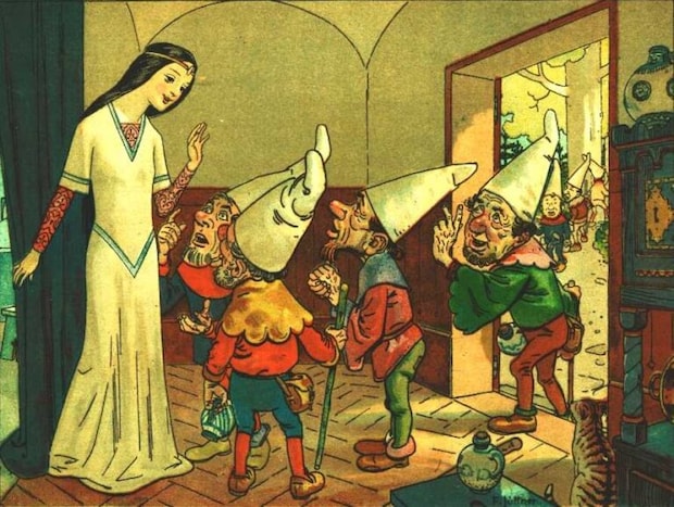 フランツ・ユットナー『白雪姫』（1905〜1910年）。左側に立っているのが白雪姫で、尖った帽子を被っているのが小人たち