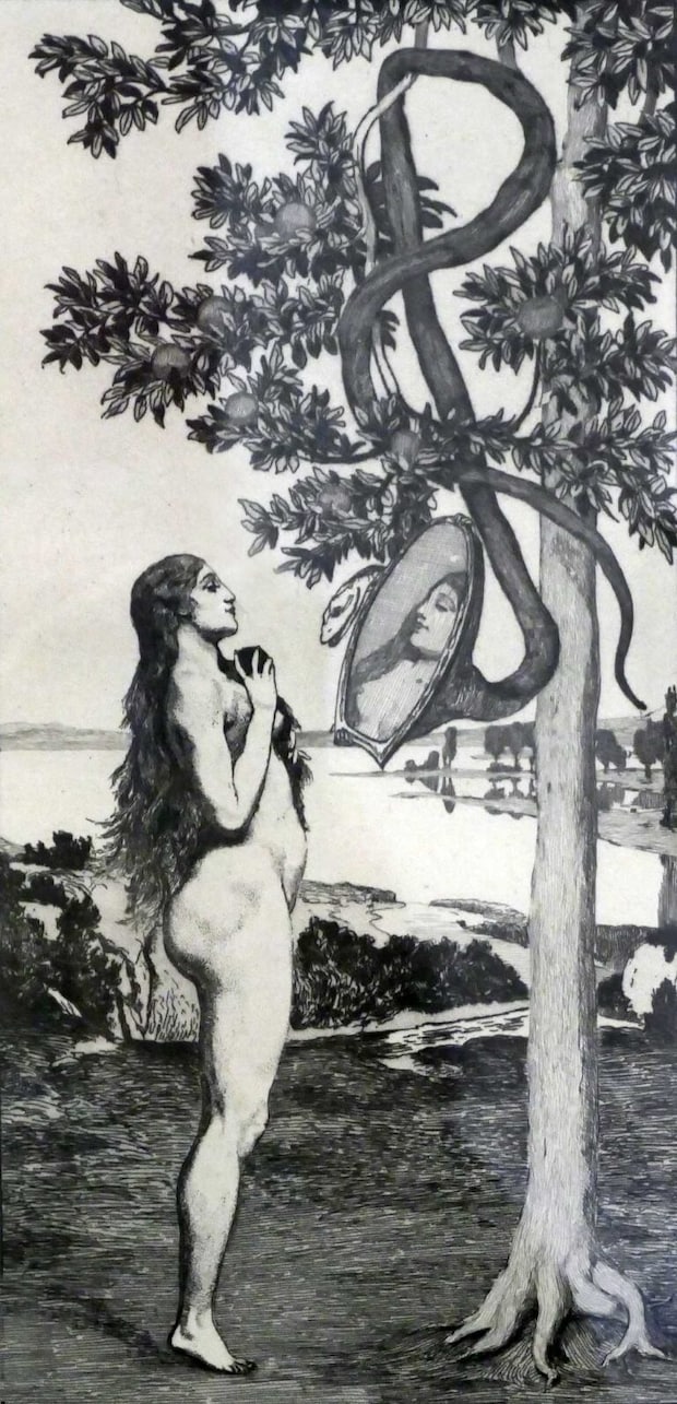 マックス・クリンガー「エヴァと未来＝蛇」（1880年）。鏡に映る自分にうっとりと見入っているエヴァが描かれています