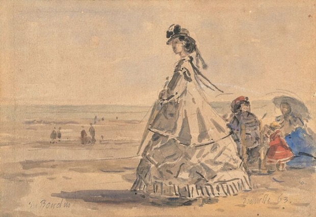 ウジェーヌ・ブーダン 《トルーヴィルの海岸の貴婦人（トルーヴィルの海岸のメッテルニヒ夫人 ）》 1863年 水彩・鉛筆／紙 17×24.3cm 個人蔵 ノルマンディー