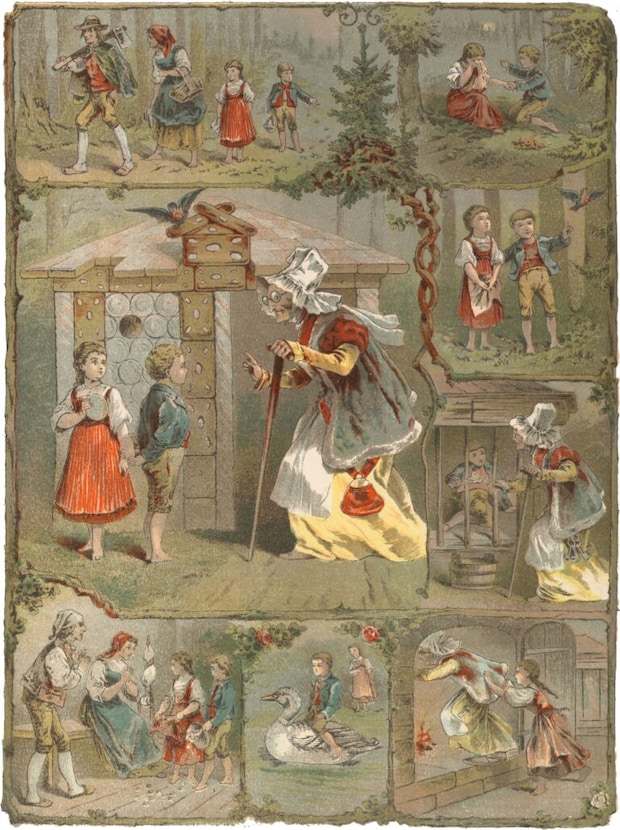 『ヘンゼルとグレーテル』の場面を1枚の絵画に美しく配置した、ハインリヒ・メルテの挿絵