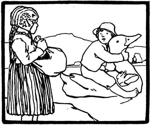 オットー・ウベローデが描いた、白い鴨とともに川を渡るシーン