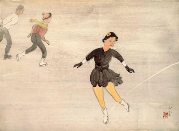 川合玉堂《氷上（スケート）》　1953（昭和28）年　紙本・彩色　山種美術館