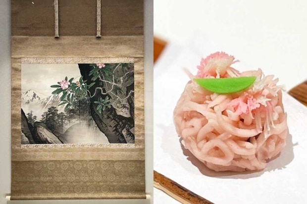 左：川合玉堂《石楠花》1930（昭和5）年　山種美術館、右：山に咲く花