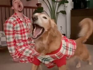 家族がお揃いパジャマで盛り上がる中、羨ましがった犬さんが「同じの着る!」とおねだり