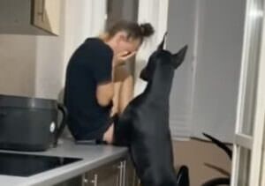 「どうしたの?悲しいの?」泣いている飼い主を慰める犬
