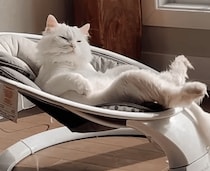 「僕の新しいベッド？」ベビー用品にハマっちゃう猫さん。