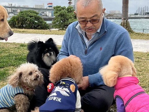 男性に大集合する小型犬たち→1匹だけ『大型犬』が混ざり…まさかの『勘違いしている様子』に3万いいね「小さいつもりw」「順番待って偉い」