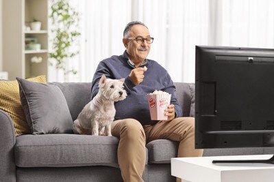 並んでTV観戦する犬と男性