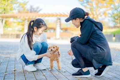女性2人と犬