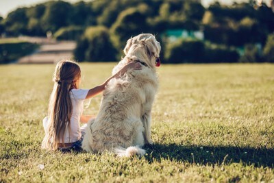 並んで座る犬と少女