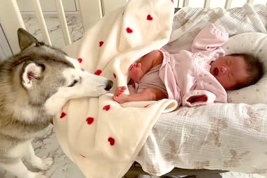 『赤ちゃんが泣いてる…なんとかしなきゃ』号泣する新生児を見たハスキー犬の行動が尊すぎると話題「一生懸命な姿に感動」「素敵なお姉ちゃん」