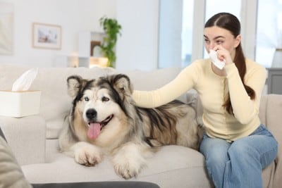 目を擦る女性と大型犬