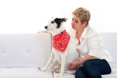 犬に悲しそうな顔をする女性