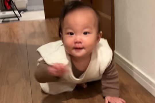 ハイハイをする赤ちゃんに『おいでおいで』と声をかけた結果→「通りすぎてったｗ」「いいコンビ」思ってたのと違う『まさかの光景』に爆笑の声
