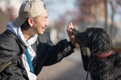 手を合わせる男性と犬