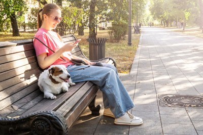 ベンチに座ってスマホ見る