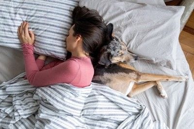 犬と一緒に眠る女性
