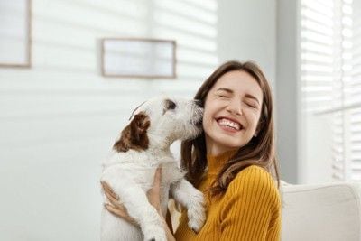女性の顔にキスする犬